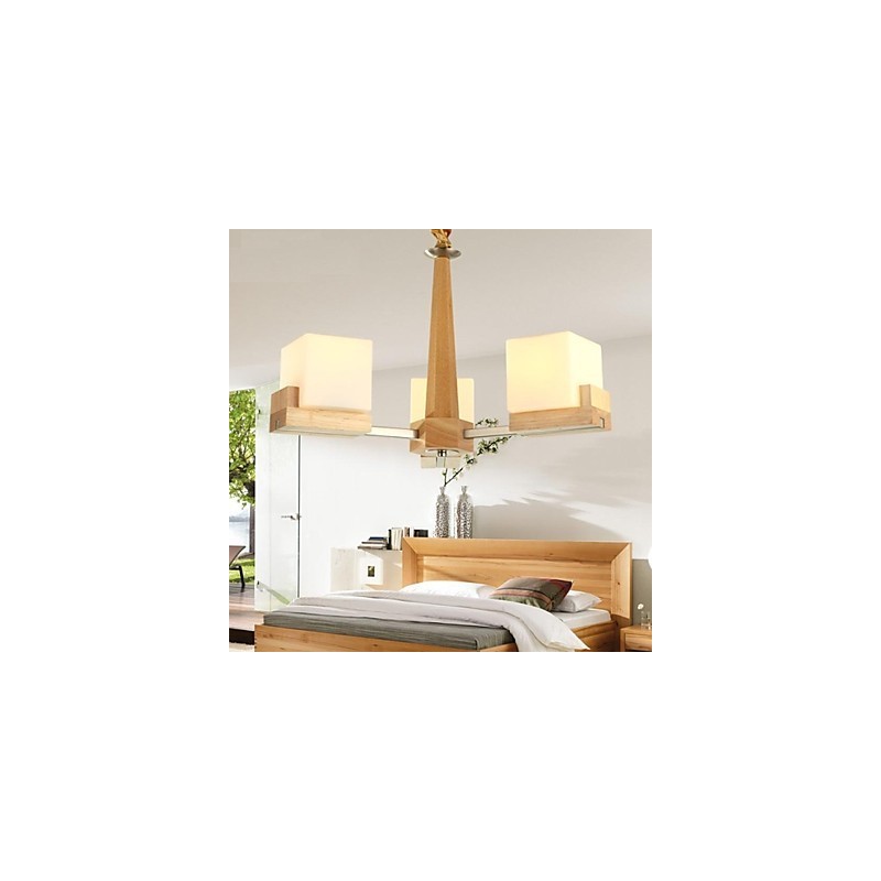 Oak Pendant Lamp Three Lights Oak and Glass