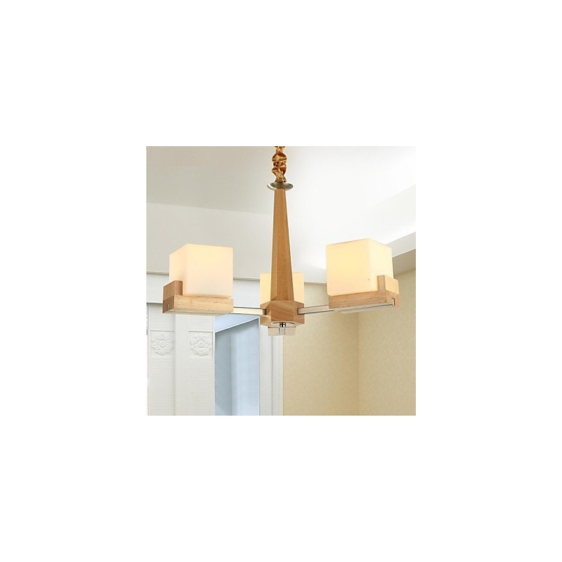 Oak Pendant Lamp Three Lights Oak and Glass