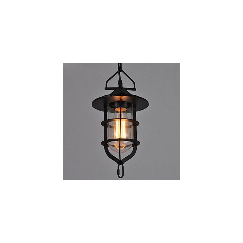 Medium Vintage Black Cage Shape Glass And Metal Cover Pendant Light