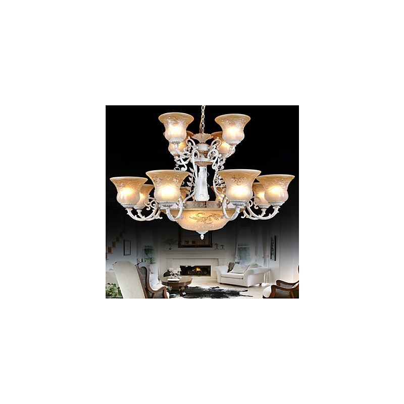White Chandelier Fifteen Lights Pattern Glass Shade Hand Gilt European Retro Classic