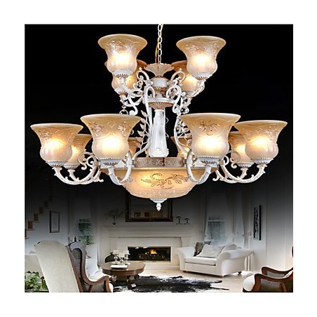 White Chandelier Fifteen Lights Pattern Glass Shade Hand Gilt European Retro Classic