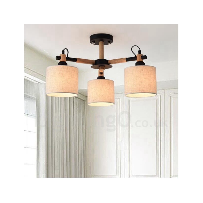 Modern Contemporary 3 Light Single Tier Wood Chandelier with Drum Fabric Shade &