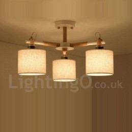 Modern Contemporary 3 Light Single Tier Wood Chandelier with Drum Fabric Shade &