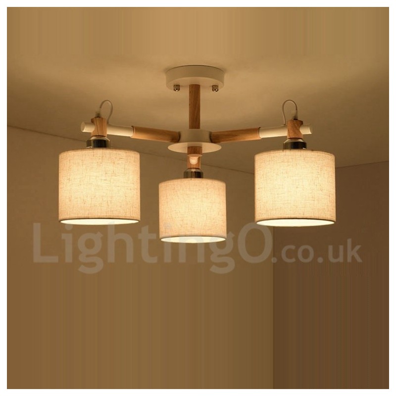 Modern Contemporary 3 Light Single Tier Wood Chandelier with Drum Fabric Shade &