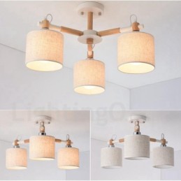 Modern Contemporary 3 Light Single Tier Wood Chandelier with Drum Fabric Shade &