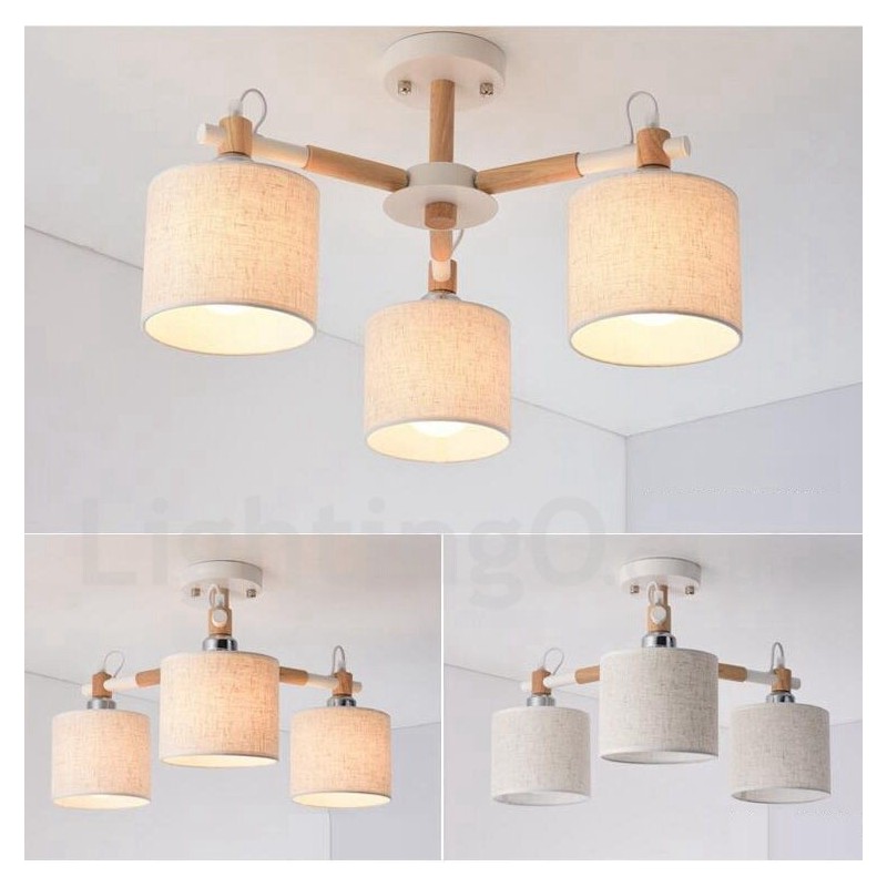 Modern Contemporary 3 Light Single Tier Wood Chandelier with Drum Fabric Shade &