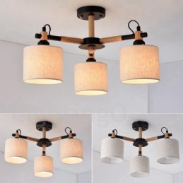 Modern Contemporary 3 Light Single Tier Wood Chandelier with Drum Fabric Shade &