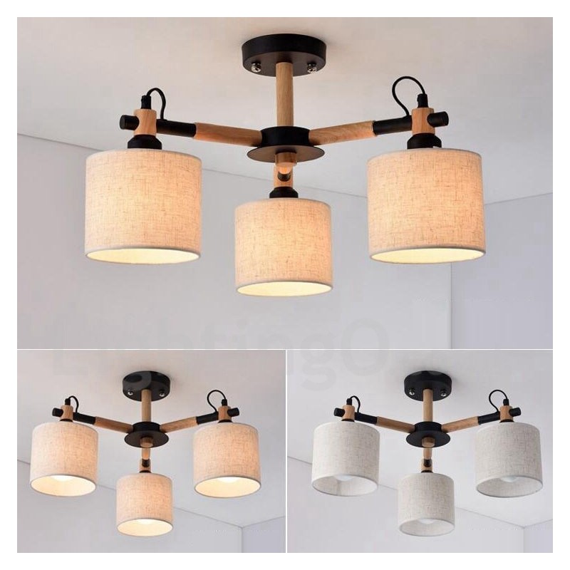 Modern Contemporary 3 Light Single Tier Wood Chandelier with Drum Fabric Shade &