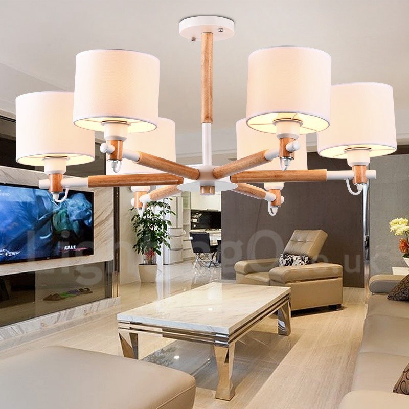 Modern Contemporary 6 Light Single Tier Wood Chandelier with Drum Fabric (Black White)