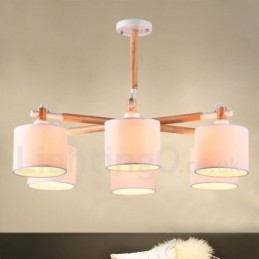 Modern Contemporary 6 Light Single Tier Wood Chandelier with Drum Fabric (Black White)