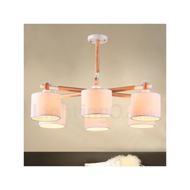 Modern Contemporary 6 Light Single Tier Wood Chandelier with Drum Fabric (Black White)