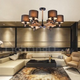 Modern Contemporary 6 Light Single Tier Wood Chandelier with Drum Fabric (Black White)