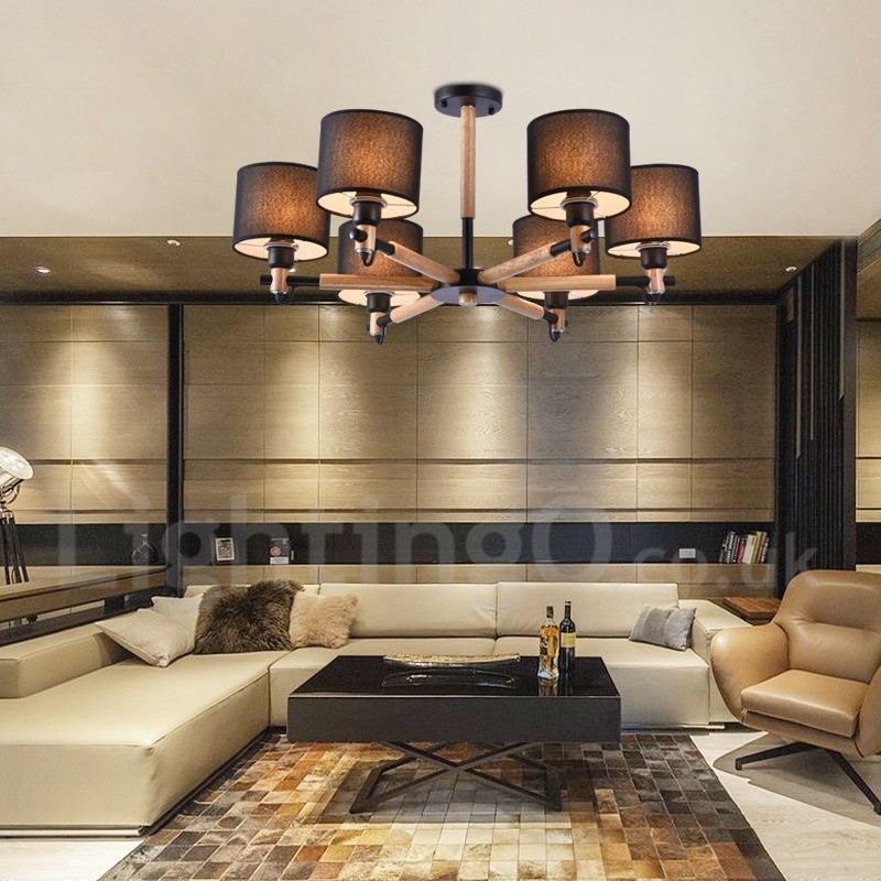 Modern Contemporary 6 Light Single Tier Wood Chandelier with Drum Fabric (Black White)