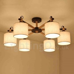 Modern Contemporary 6 Light Single Tier Wood Chandelier with Drum Fabric (Black White)