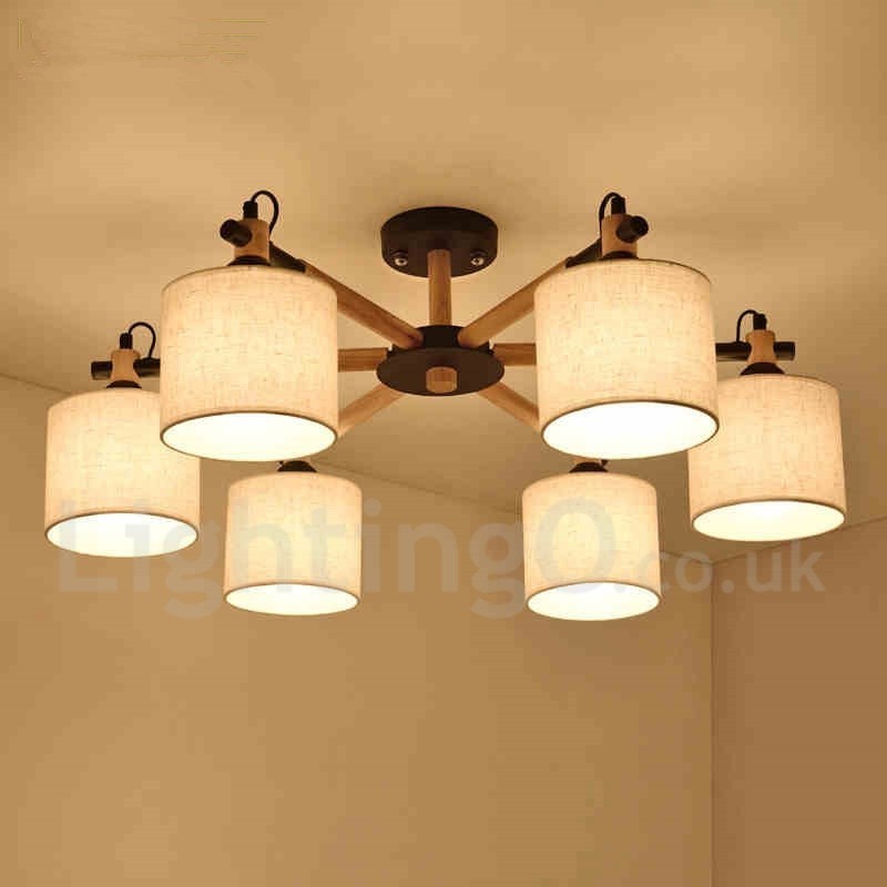 Modern Contemporary 6 Light Single Tier Wood Chandelier with Drum Fabric (Black White)