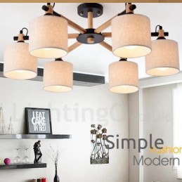 Modern Contemporary 6 Light Single Tier Wood Chandelier with Drum Fabric (Black White)