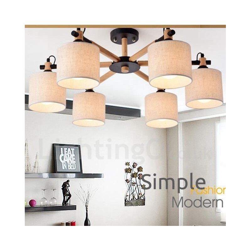Modern Contemporary 6 Light Single Tier Wood Chandelier with Drum Fabric (Black White)