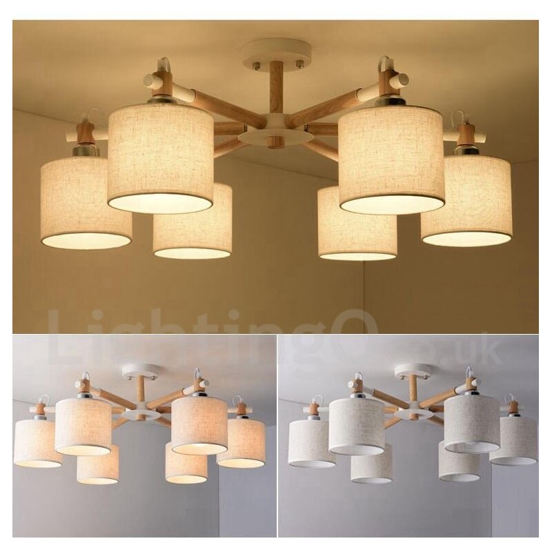 Modern Contemporary 6 Light Single Tier Wood Chandelier with Drum Fabric (Black White)