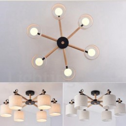 Modern Contemporary 6 Light Single Tier Wood Chandelier with Drum Fabric (Black White)