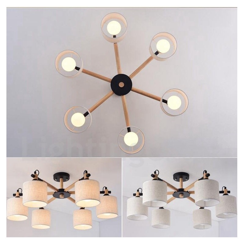 Modern Contemporary 6 Light Single Tier Wood Chandelier with Drum Fabric (Black White)