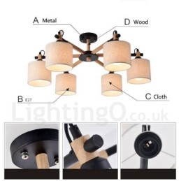 Modern Contemporary 6 Light Single Tier Wood Chandelier with Drum Fabric (Black White)