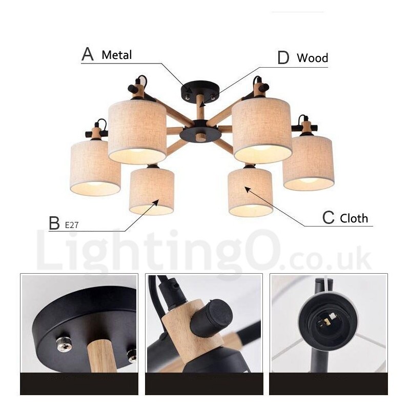 Modern Contemporary 6 Light Single Tier Wood Chandelier with Drum Fabric (Black White)