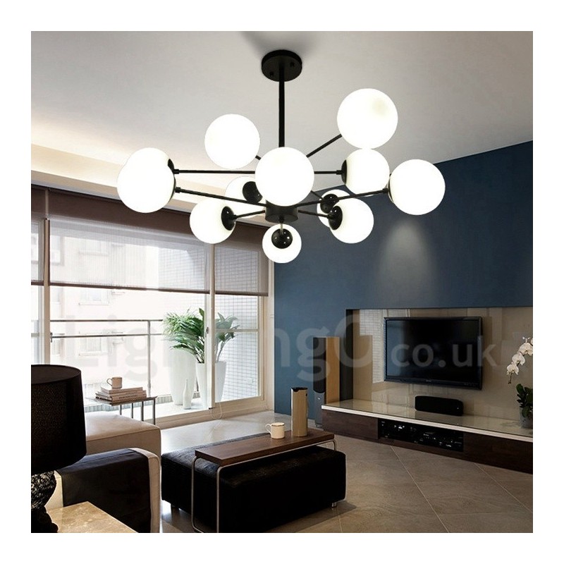 Black 12 Light 2 Tier Metal Chandelier with Glass Shade Modern Contemporary Style