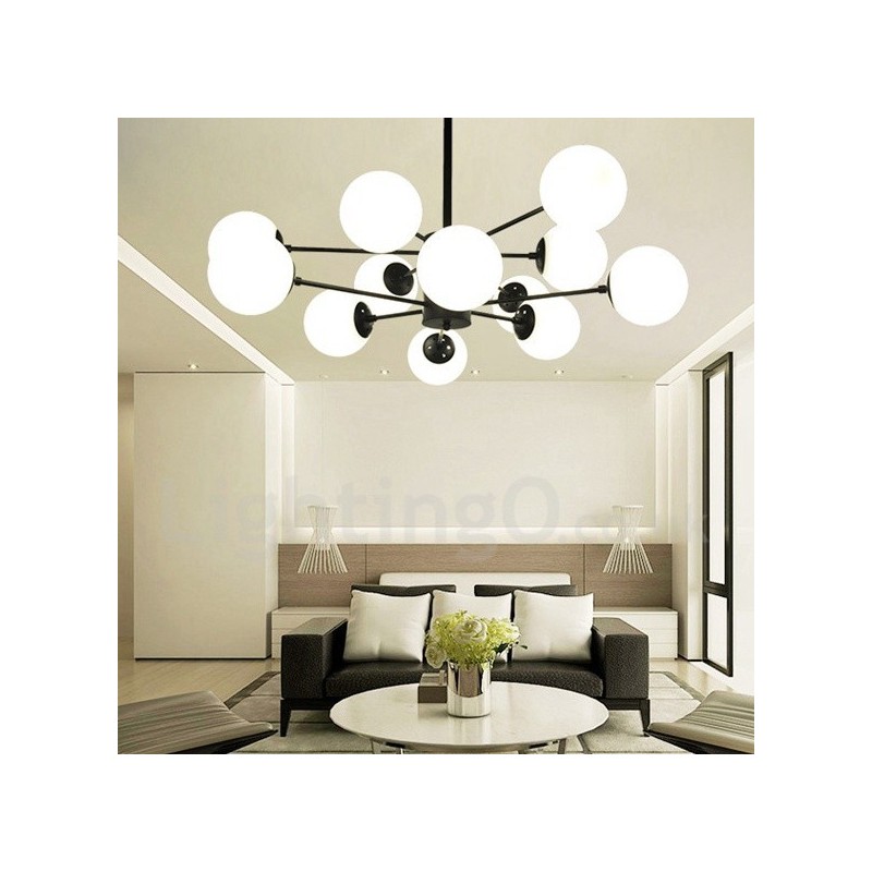 Black 12 Light 2 Tier Metal Chandelier with Glass Shade Modern Contemporary Style