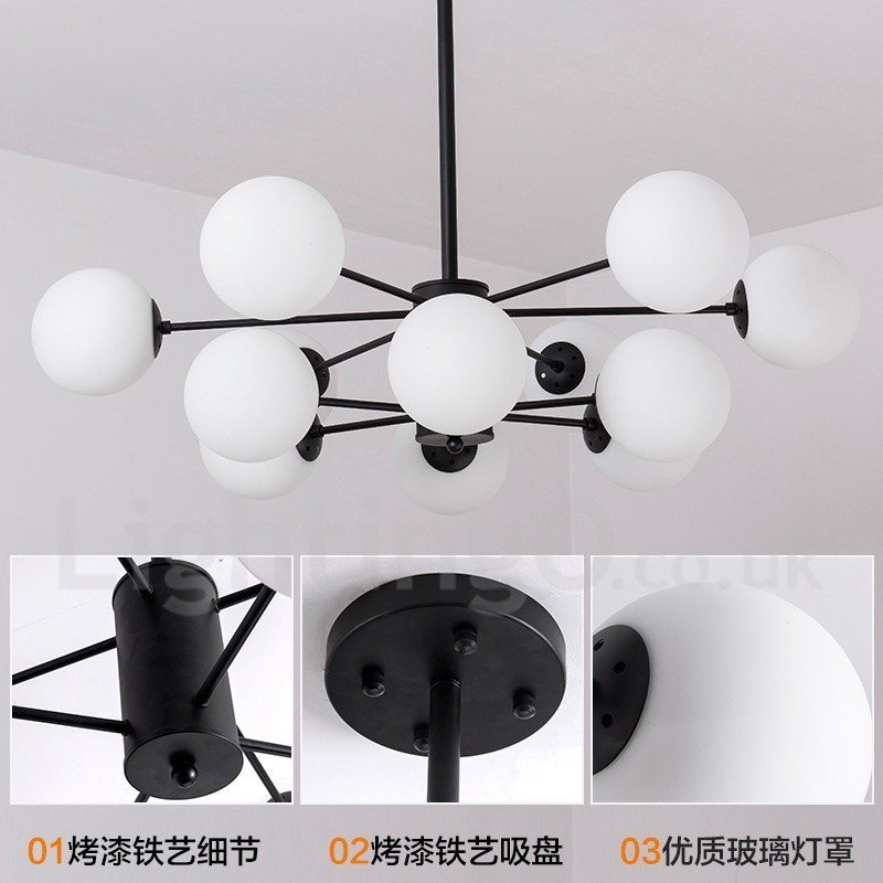 Black 12 Light 2 Tier Metal Chandelier with Glass Shade Modern Contemporary Style