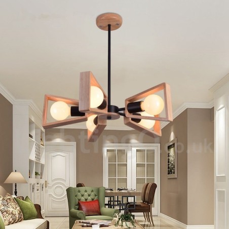 Wood Single Tier 5 Light Chandelier Lamp Modern Contemporary Style