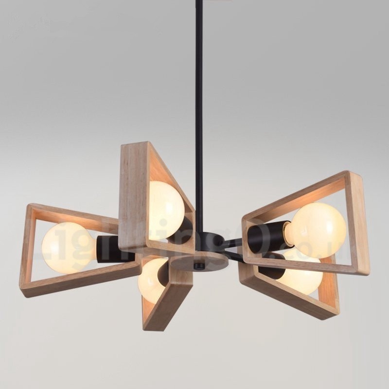 Wood Single Tier 5 Light Chandelier Lamp Modern Contemporary Style