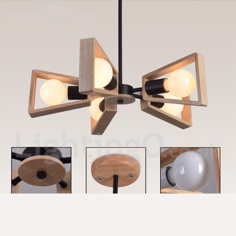 Wood Single Tier 5 Light Chandelier Lamp Modern Contemporary Style