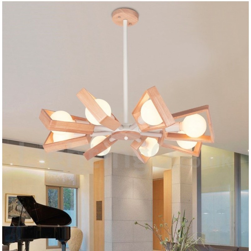 Wood Single Tier 8 Light Chandelier Lamp Modern Contemporary Style