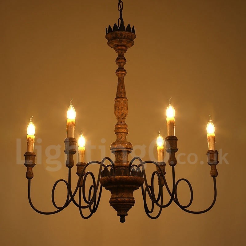 Country Vintage Wooden 6 Light Chandelier Light