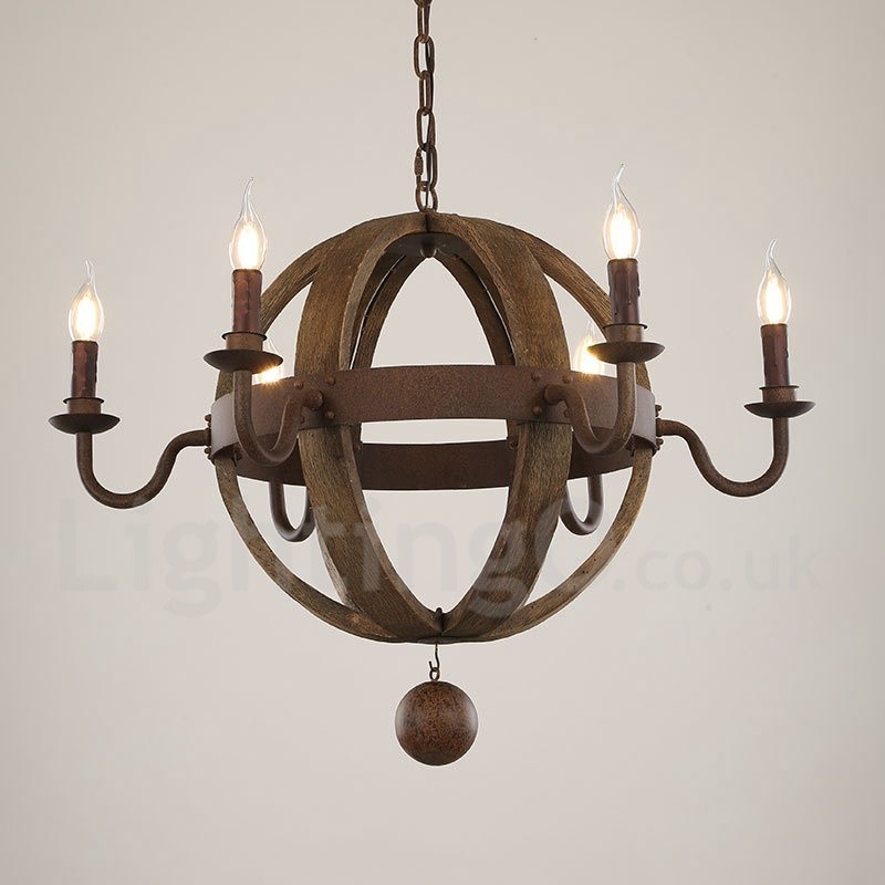 Country Vintage Wooden 6 Light Chandelier Lamp Light