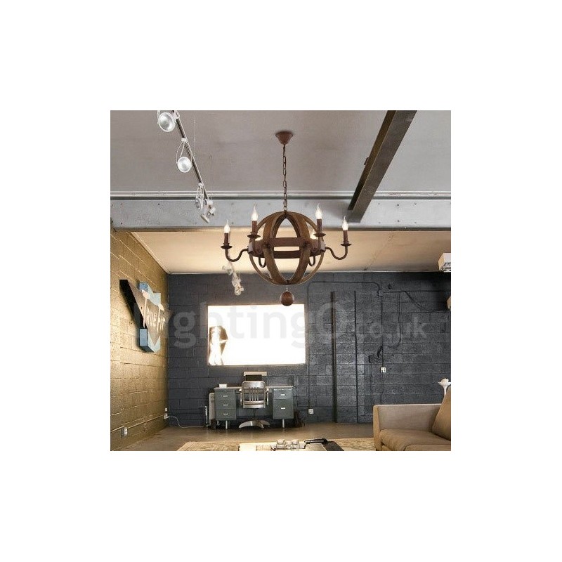Country Vintage Wooden 6 Light Chandelier Lamp Light