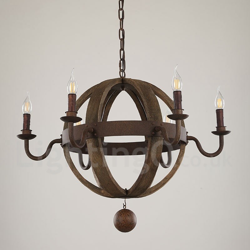 Country Vintage Wooden 6 Light Chandelier Lamp Light