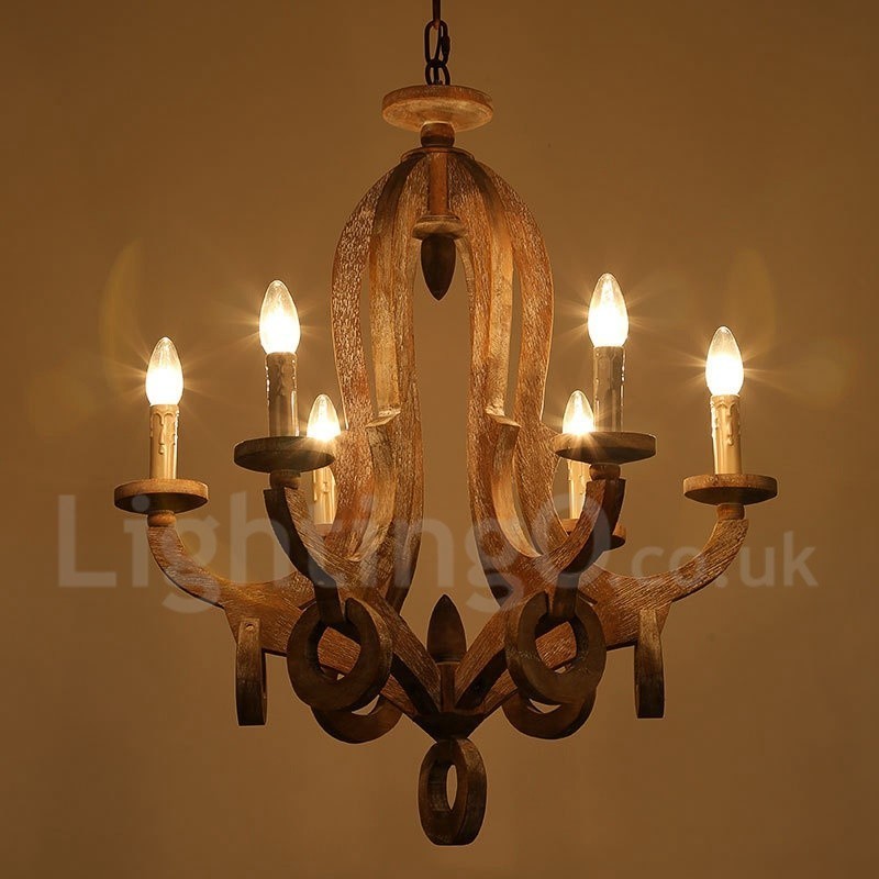 Country Wooden Vintage 6 Light Single Tier Chandelier Light Wood Lamp