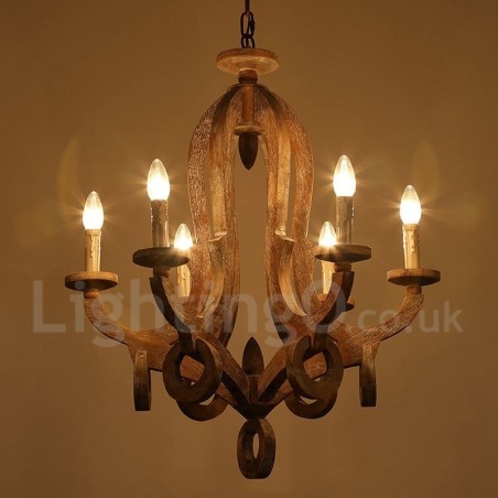 Country Wooden Vintage 6 Light Single Tier Chandelier Light Wood Lamp