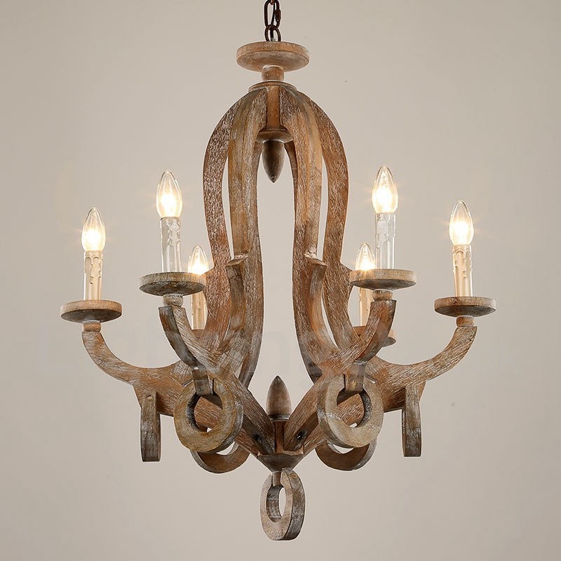 Country Wooden Vintage 6 Light Single Tier Chandelier Light Wood Lamp