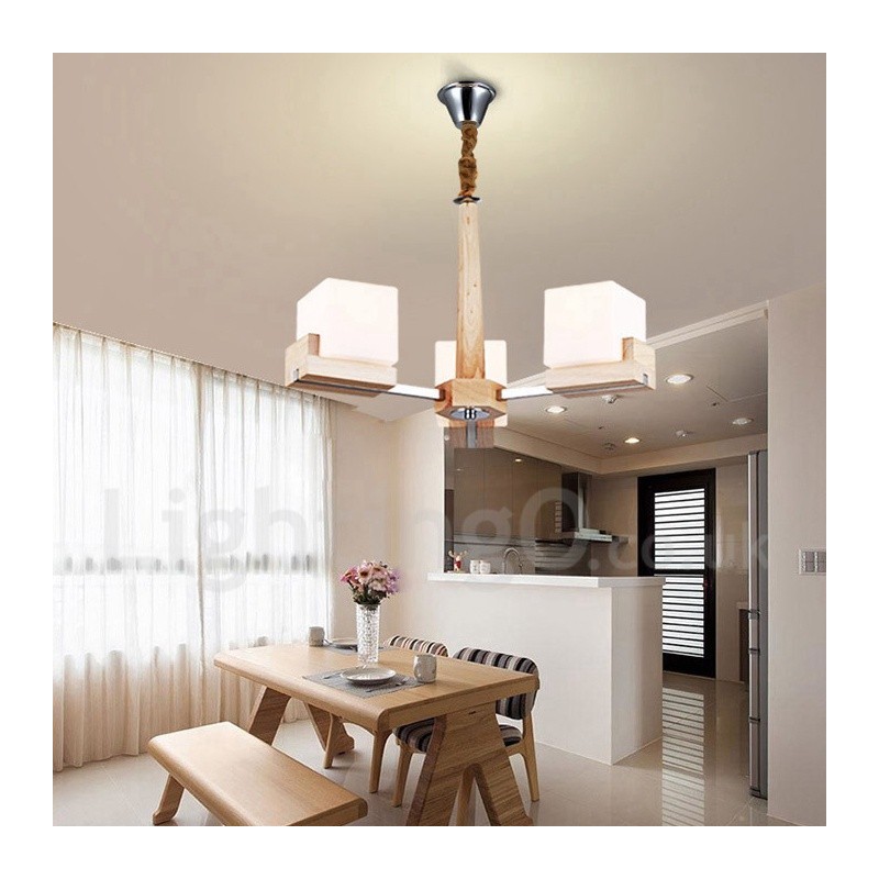 Wooden Modern Contemporary 3 Light Single Tier Chandelier Lamp
