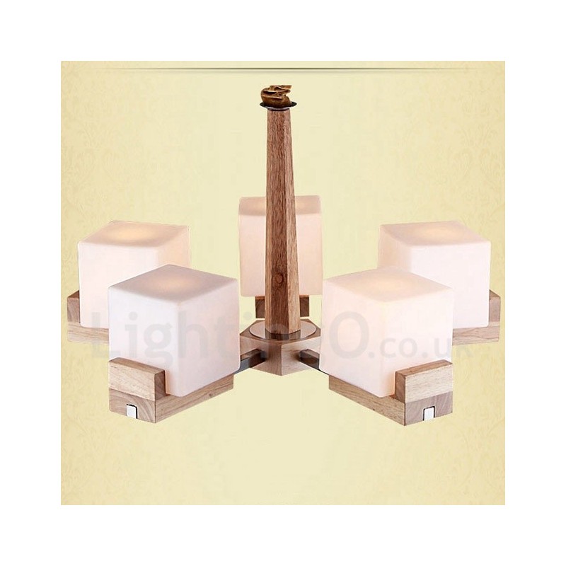 Wooden Modern Contemporary 5 Light Single Tier Chandelier Lamp