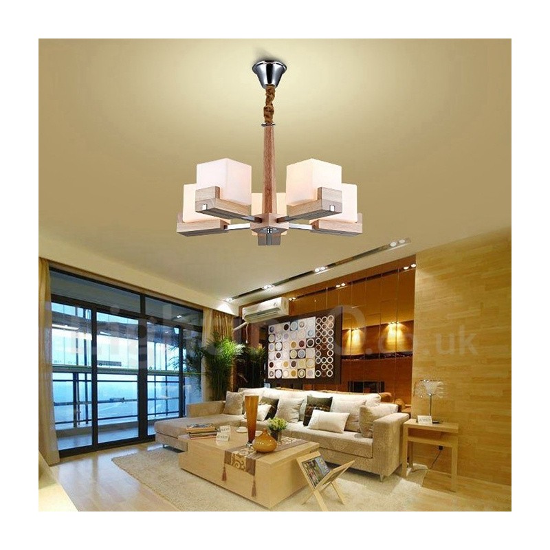 Wooden Modern Contemporary 5 Light Single Tier Chandelier Lamp