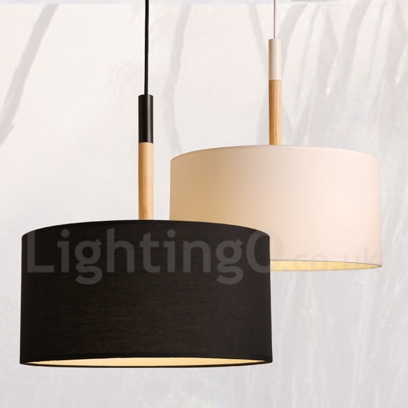 Modern Contemporary Wood Drum Pendant Light with Fabric Shade