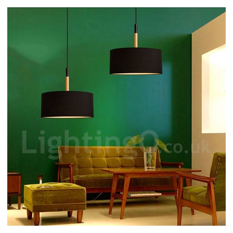 Modern Contemporary Wood Drum Pendant Light with Fabric Shade