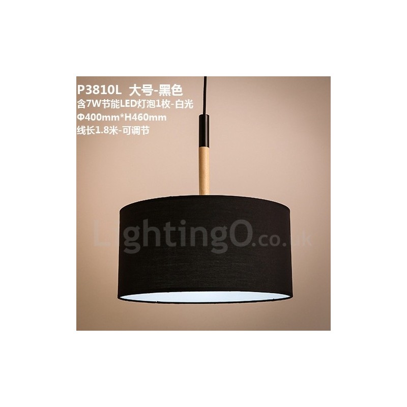 Modern Contemporary Wood Drum Pendant Light with Fabric Shade