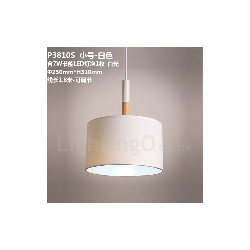 Modern Contemporary Wood Drum Pendant Light with Fabric Shade