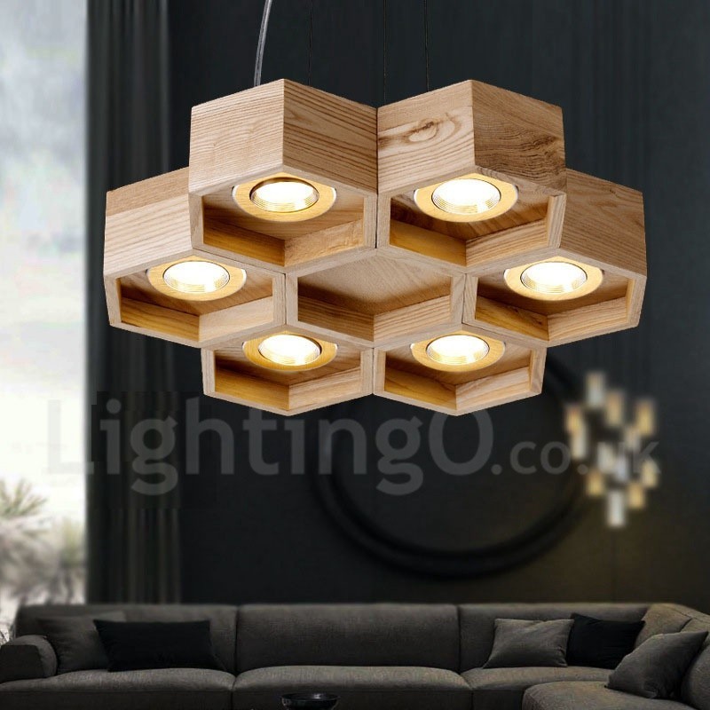 6 Light Wood Modern Contemporary Pendant Light