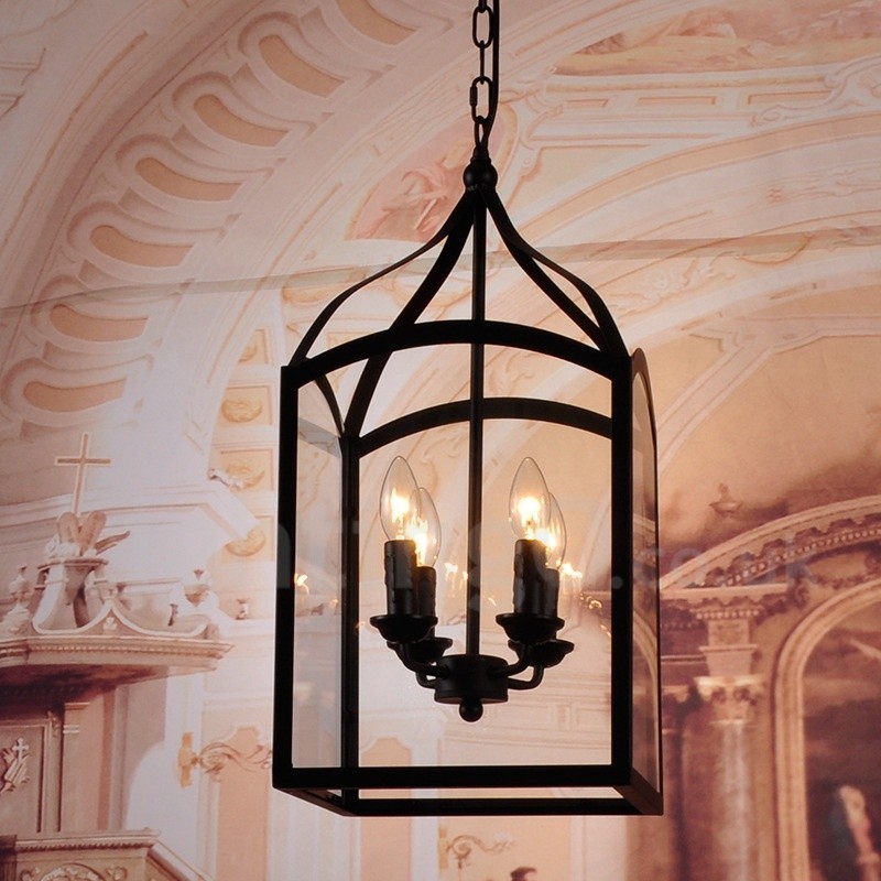 4 Light Black Metal Rustic Lodge Pendant Light with Glass Shade