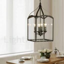 4 Light Black Metal Rustic Lodge Pendant Light with Glass Shade